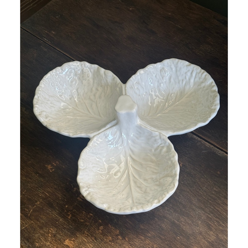 Olfaire Portugal White Ceramic Cabbage Leaf Divided Serving Dish 3 Section Tray